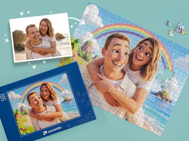 Bei der Verheiratung füllen wir Ihr gestanztes Fotopuzzle in die Geschenkbox.